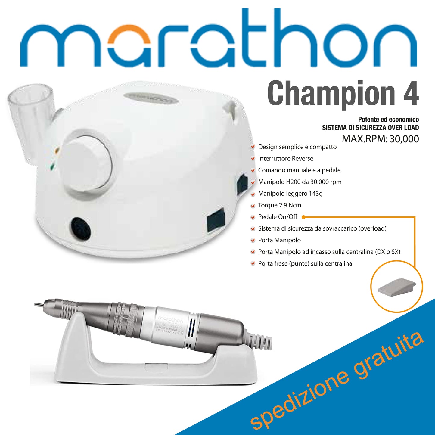 Fresa micromotore Marathon Champion 4 con Manipolo H200 pedale ON/OFF