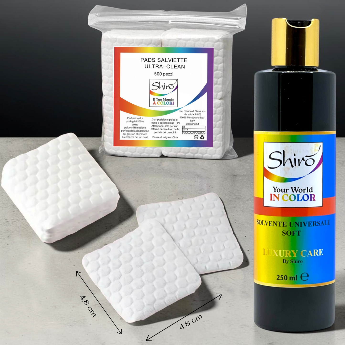 Kit Rimozione Dispersione – Solvente Universale Soft 250ml + Pad Salviette Ultra-Clean senza pelucchi per manicure – 500 pz.