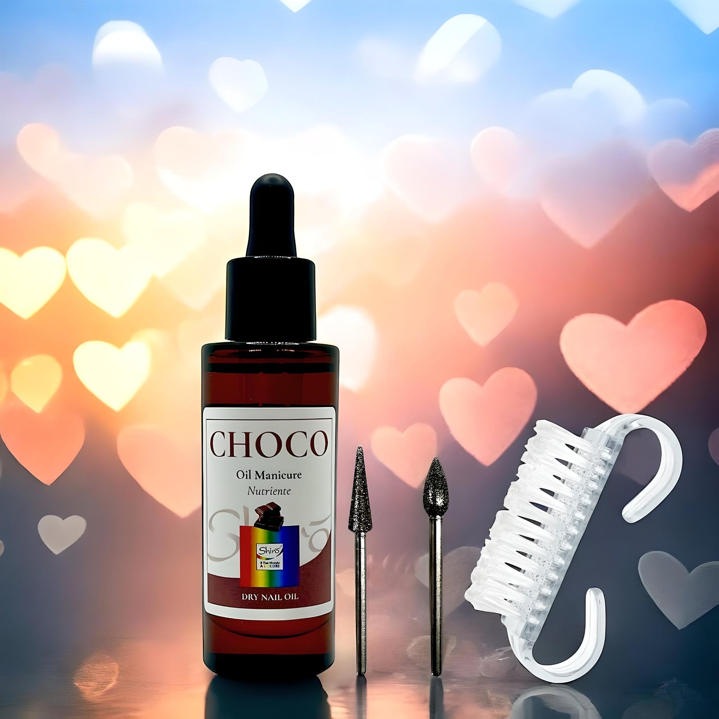 Olio Manicure Nutriente Choco 30ml e Set di Frese in Diamante con Spazzola per Manicure e Pedicure