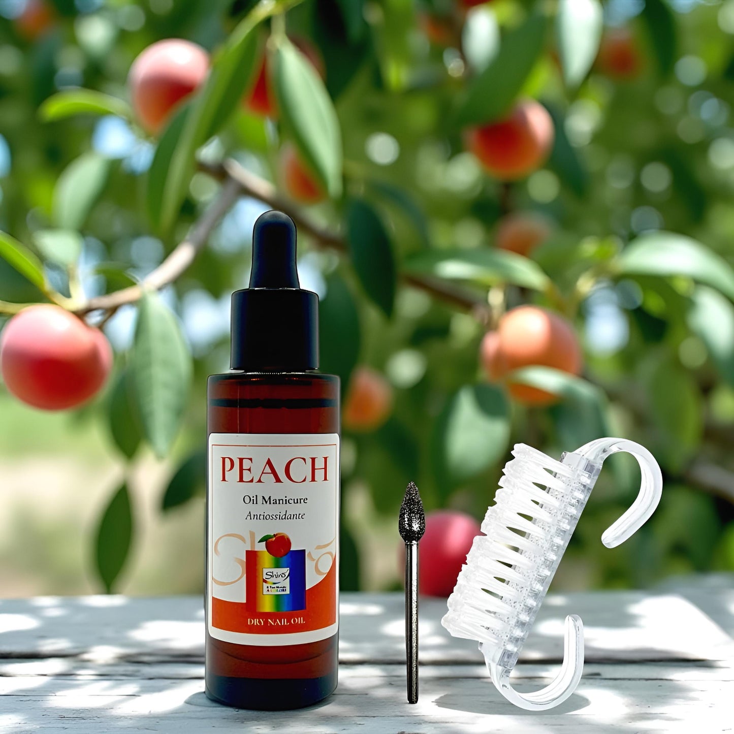 Kit Olio Manicure Antiossidante alla Peach 30ml e Fresa in Diamante “Panciona” con Spazzola per Manicure e Pedicure