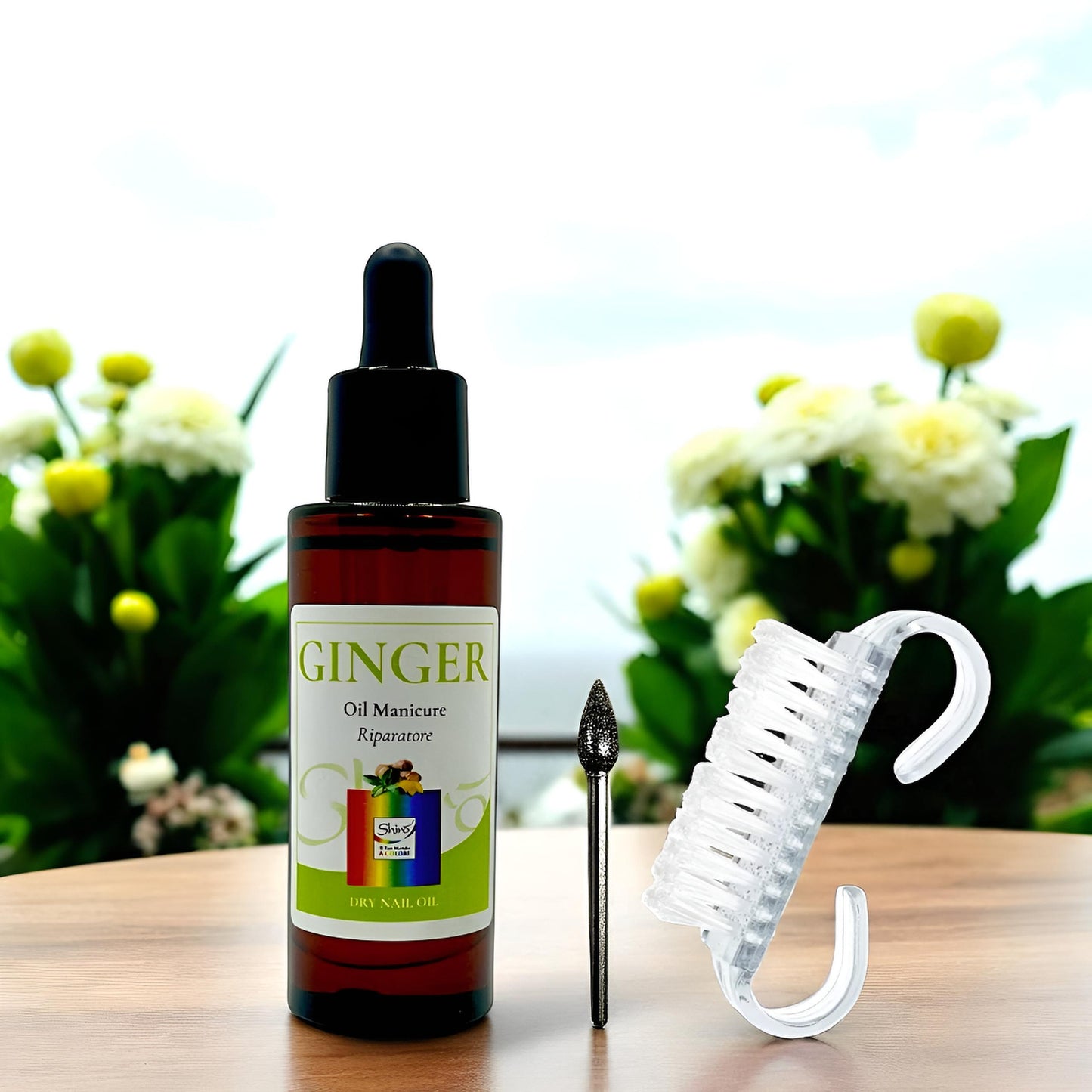 Kit Olio Manicure Riparatore Ginger 30 ml e Fresa in Diamante “Panciona” con Spazzola per Manicure e Pedicure