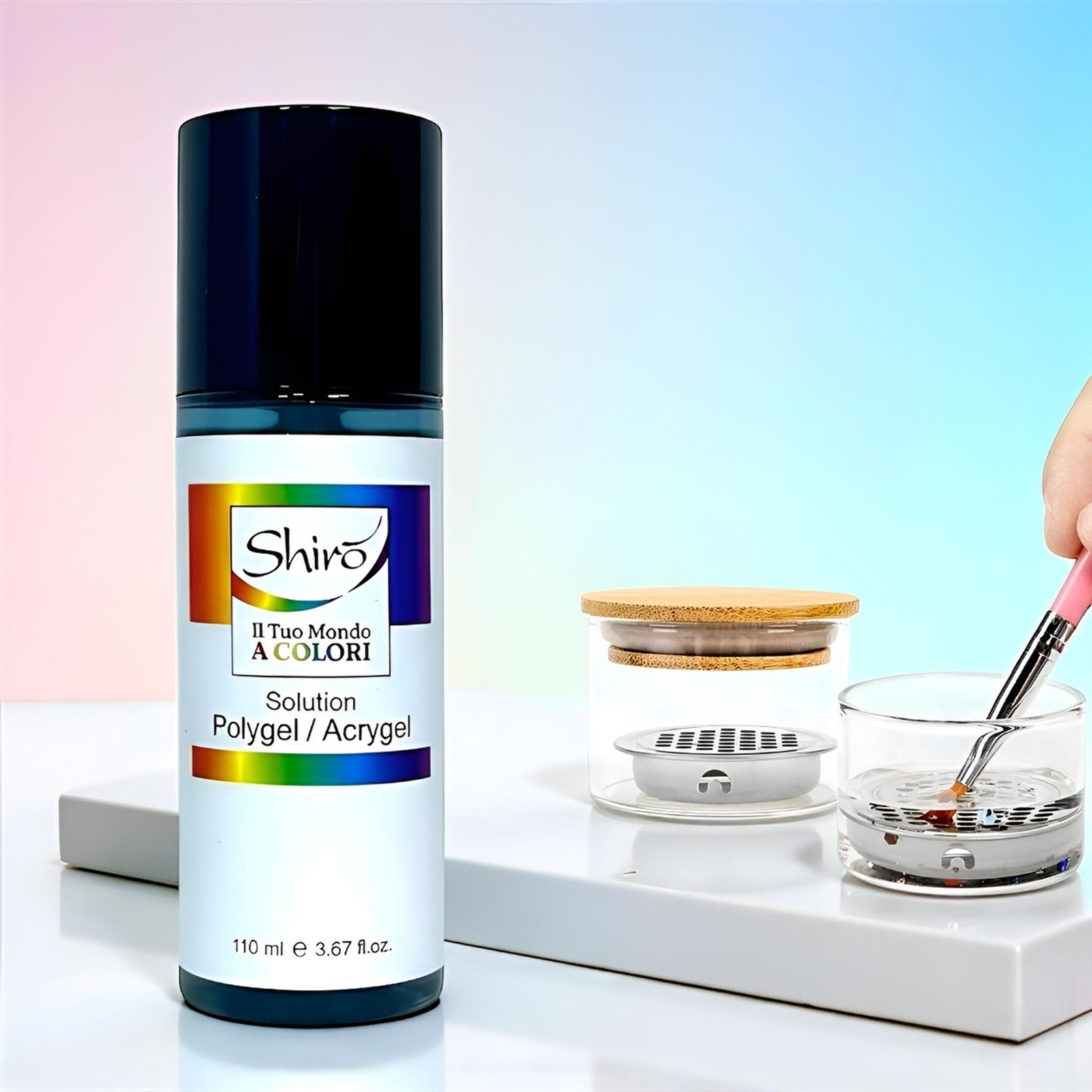 Set "Solution Polygel / Acrygel e Bicchiere per la Pulizia dei Pennelli" - HEMA & TPO FREE - 110ml
