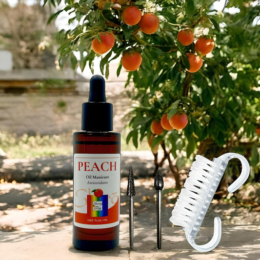 Olio Manicure Antiossidante alla Pesca 30ml e Set di Frese in Diamante con Spazzola per Manicure e Pedicure