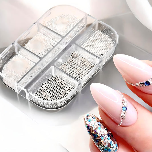 Set di mini perline metalliche e cristalli per unghie – 6 scomparti, perline mini, cristalli Pixie P03
