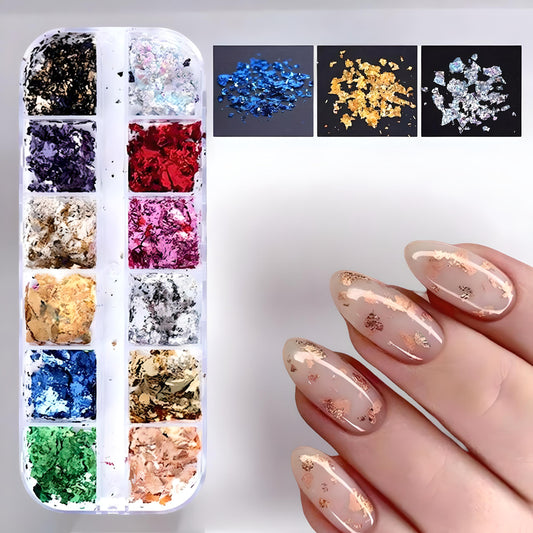 Set da 12 scomparti di foglia oro e fiocchi glitter per unghie, design asimmetrico C02