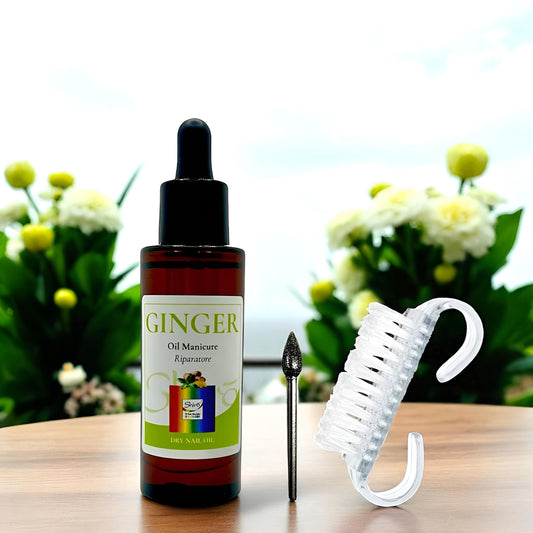 Kit Olio Manicure Riparatore Ginger 30 ml e Fresa in Diamante “Panciona” con Spazzola per Manicure e Pedicure