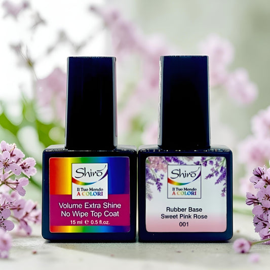 Kit Semipermanente Rinforzato Top Coat Extra Shine No Wipe Trasparente e Rubber Base Sweet Pink Rose 001 - HEMA & TPO FREE - 2 x 15ml